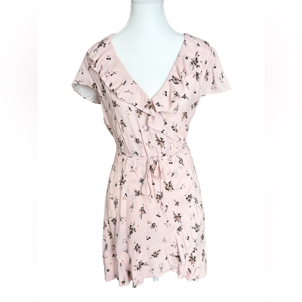 Sunday Best Floral Wrap Pink Ruffle Mini Dress Tie Waist Size S - Picture 2 of 6